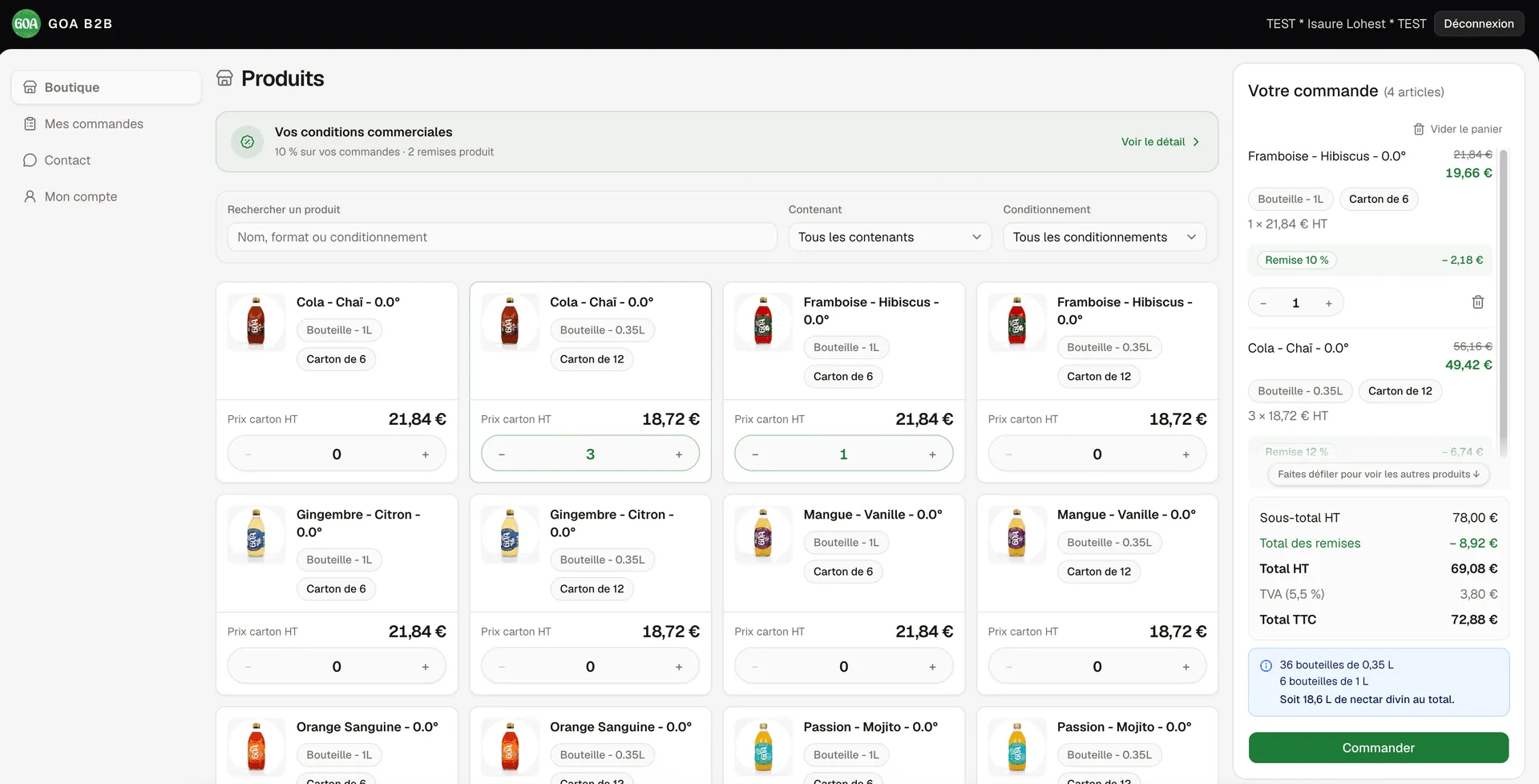 Customer shop showing products, per-client prices and a live cart