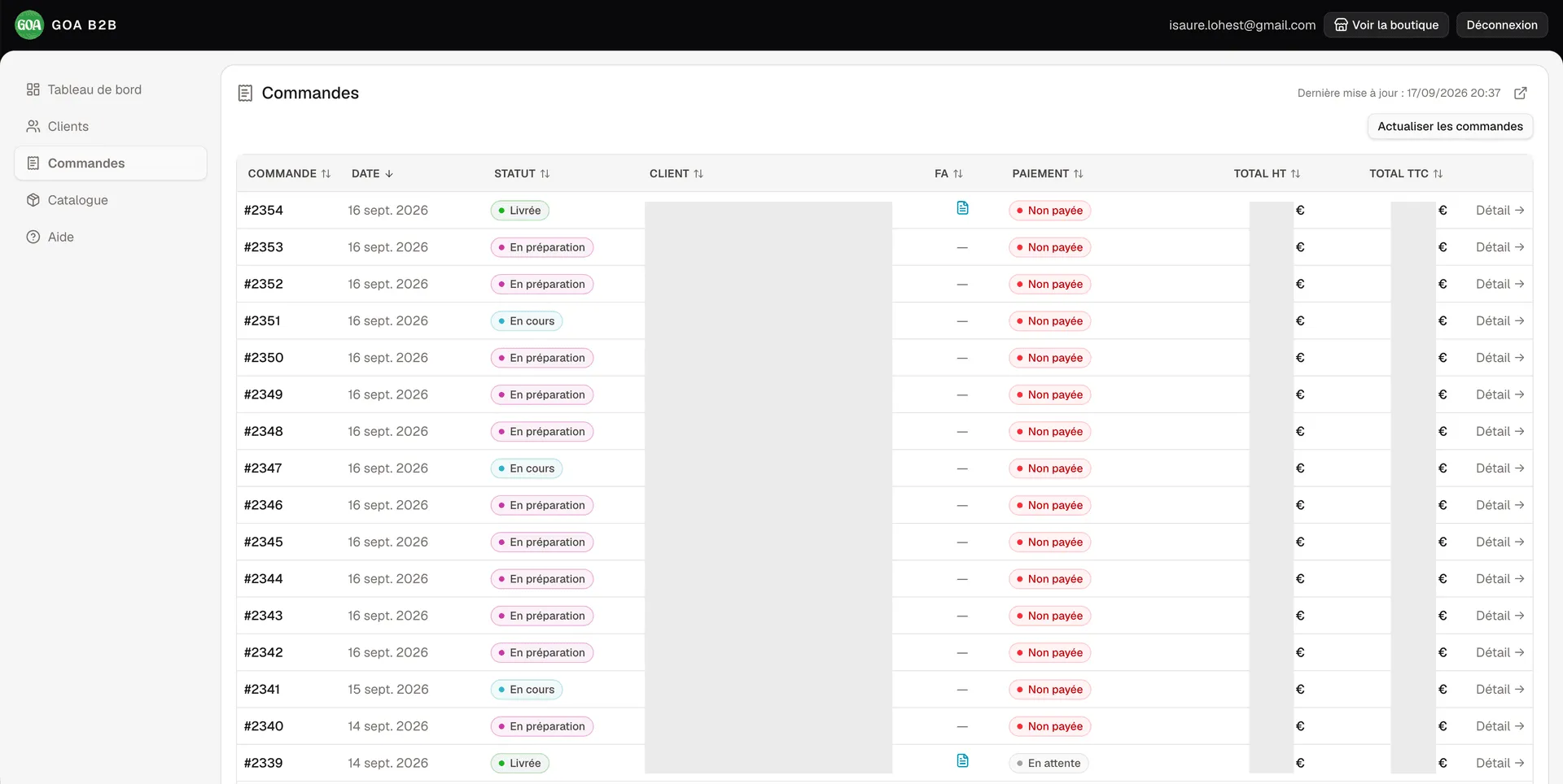 Admin order list with statuses, payment state and documents