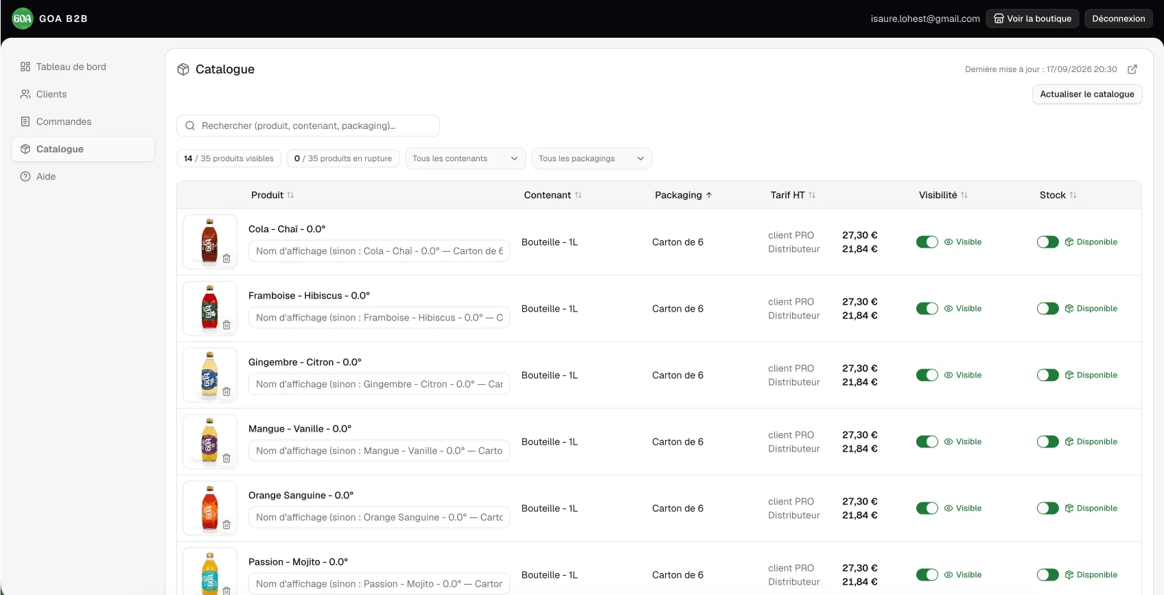 Catalogue administration with pricing tiers, visibility and stock toggles