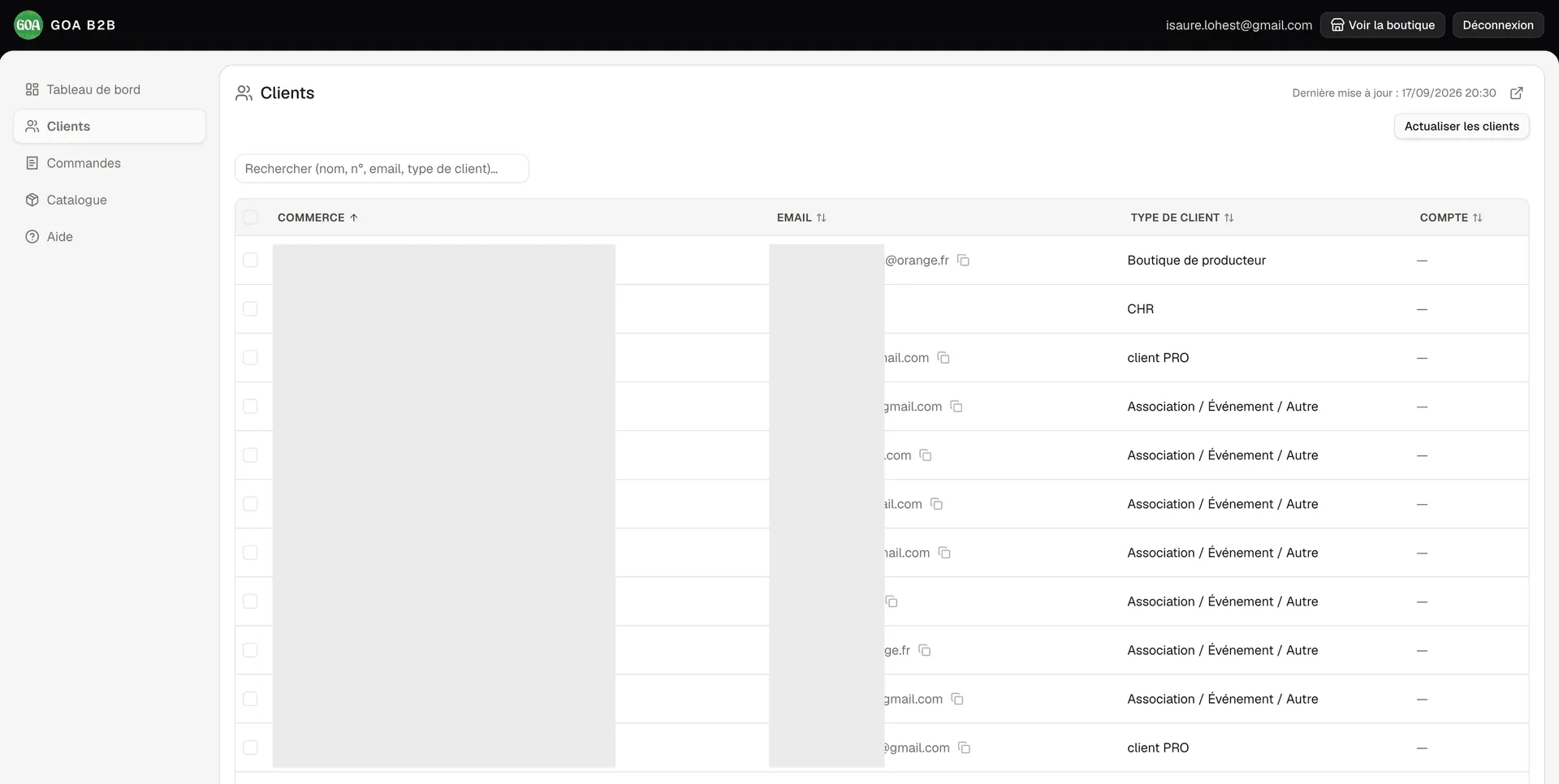 Admin customer list with search, customer types and account status