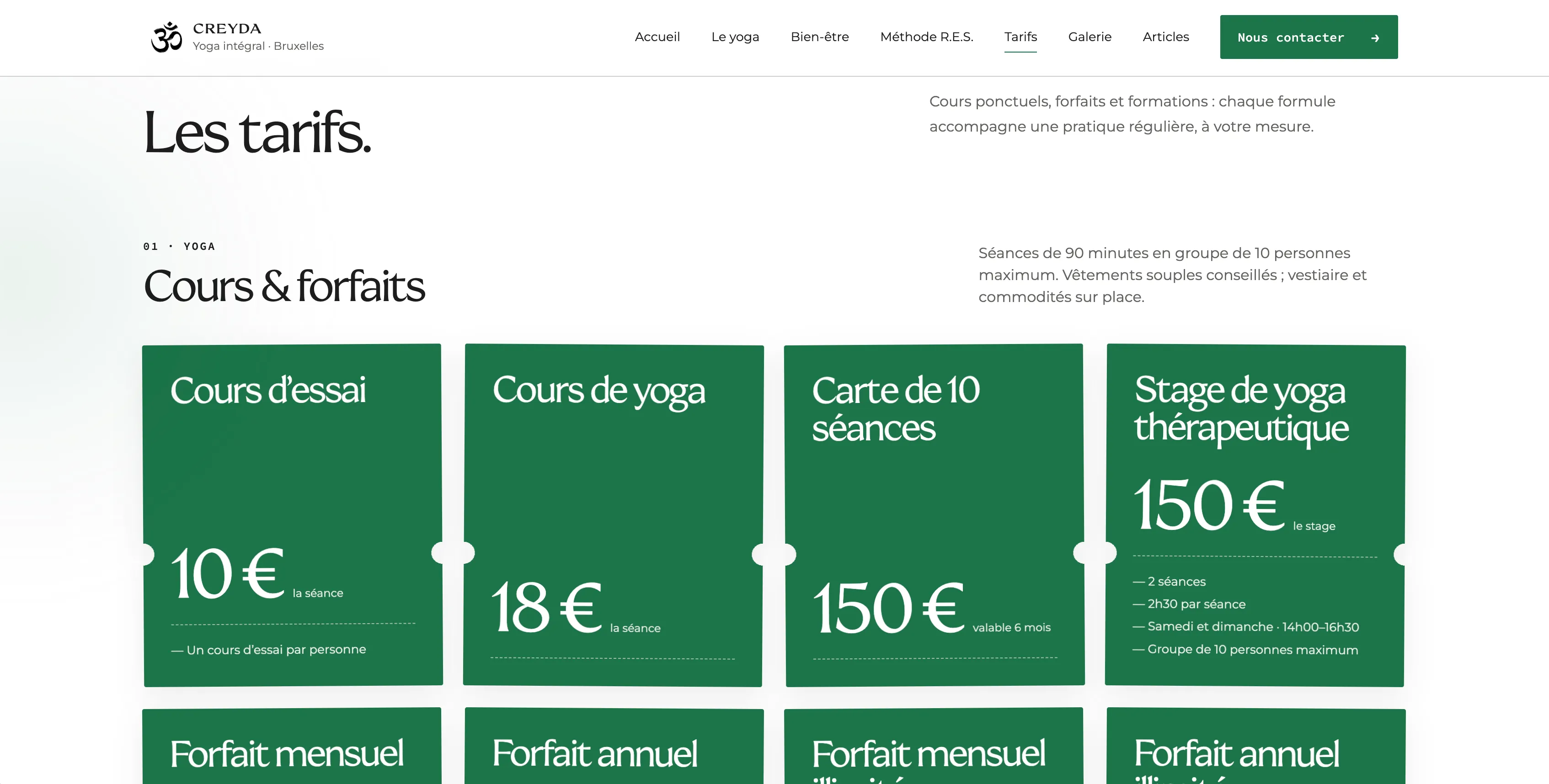 Creyda Yoga pricing page with class and subscription cards