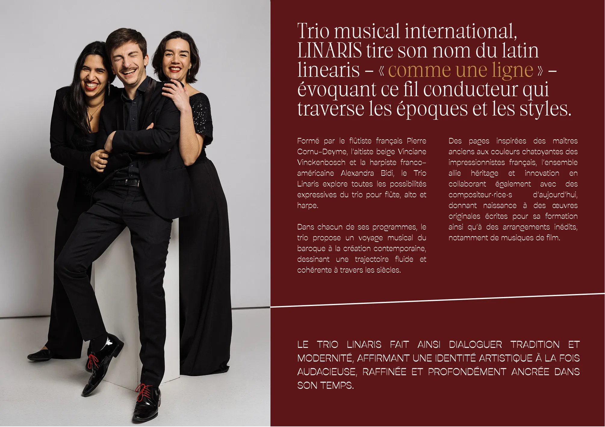 Trio Linaris editorial introduction spread with studio portrait
