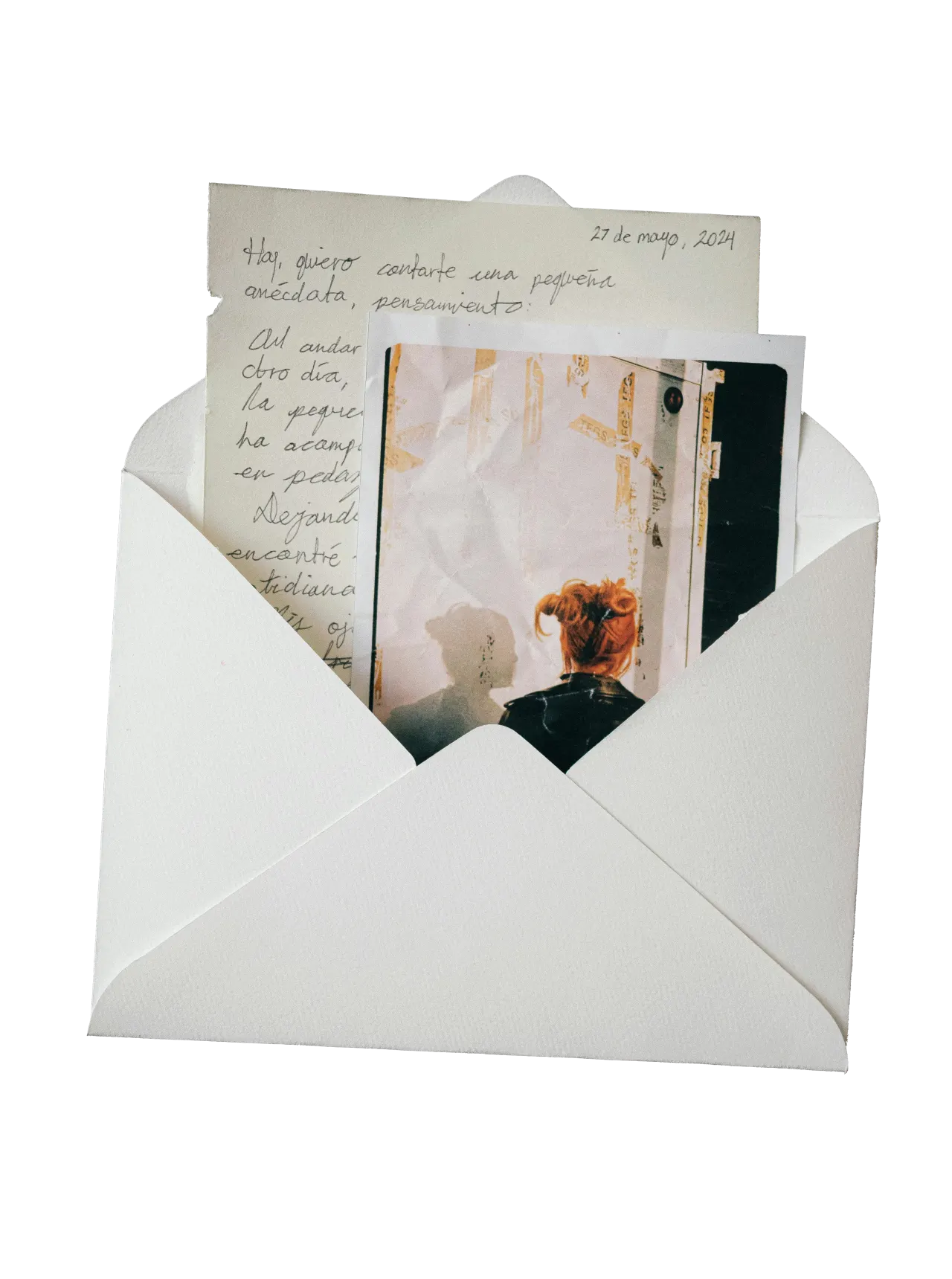 Open envelope and letter cutout by Evelyn Verdin.