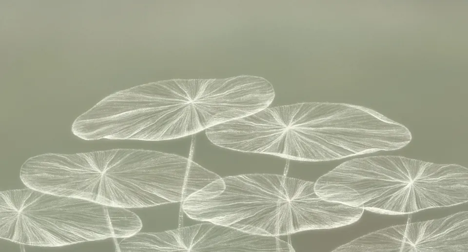 Translucent leaves floating like soft white sketches.