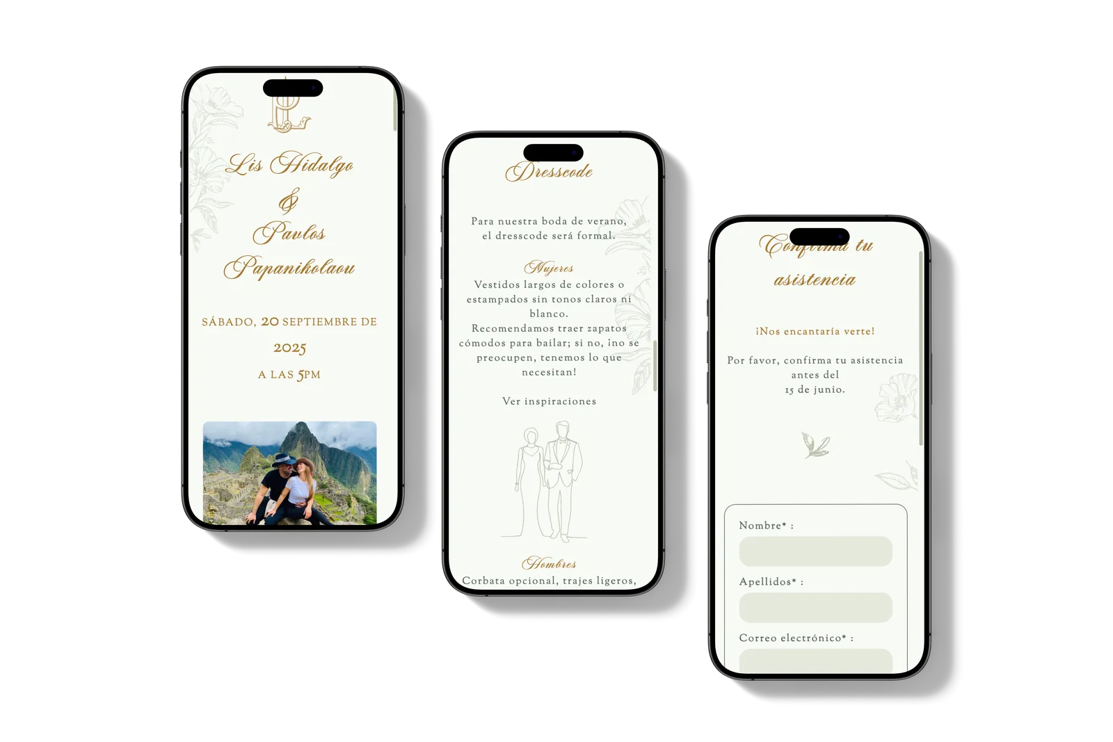 Boda Lis & Pavlos — maquette mobile (3 écrans)