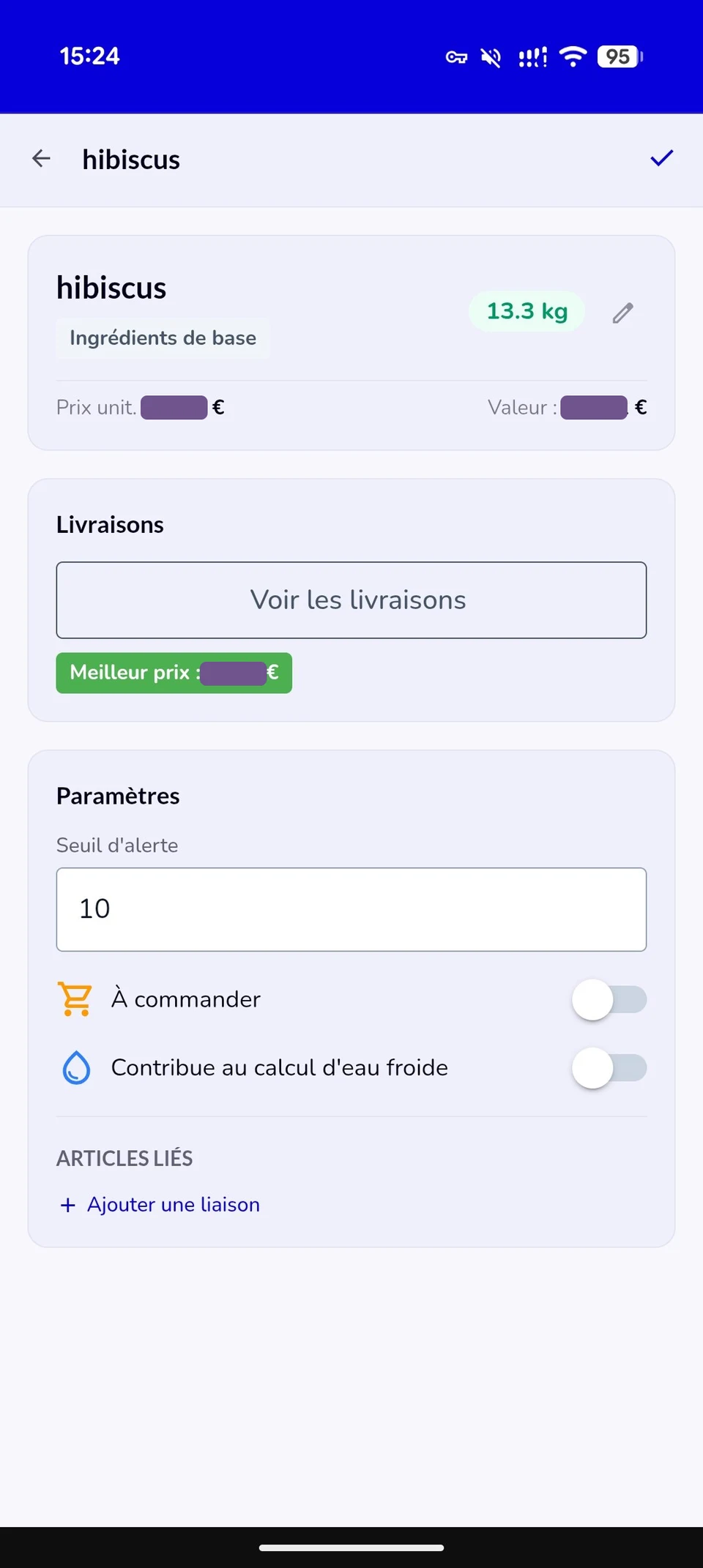 Goa Kombucha stock item settings