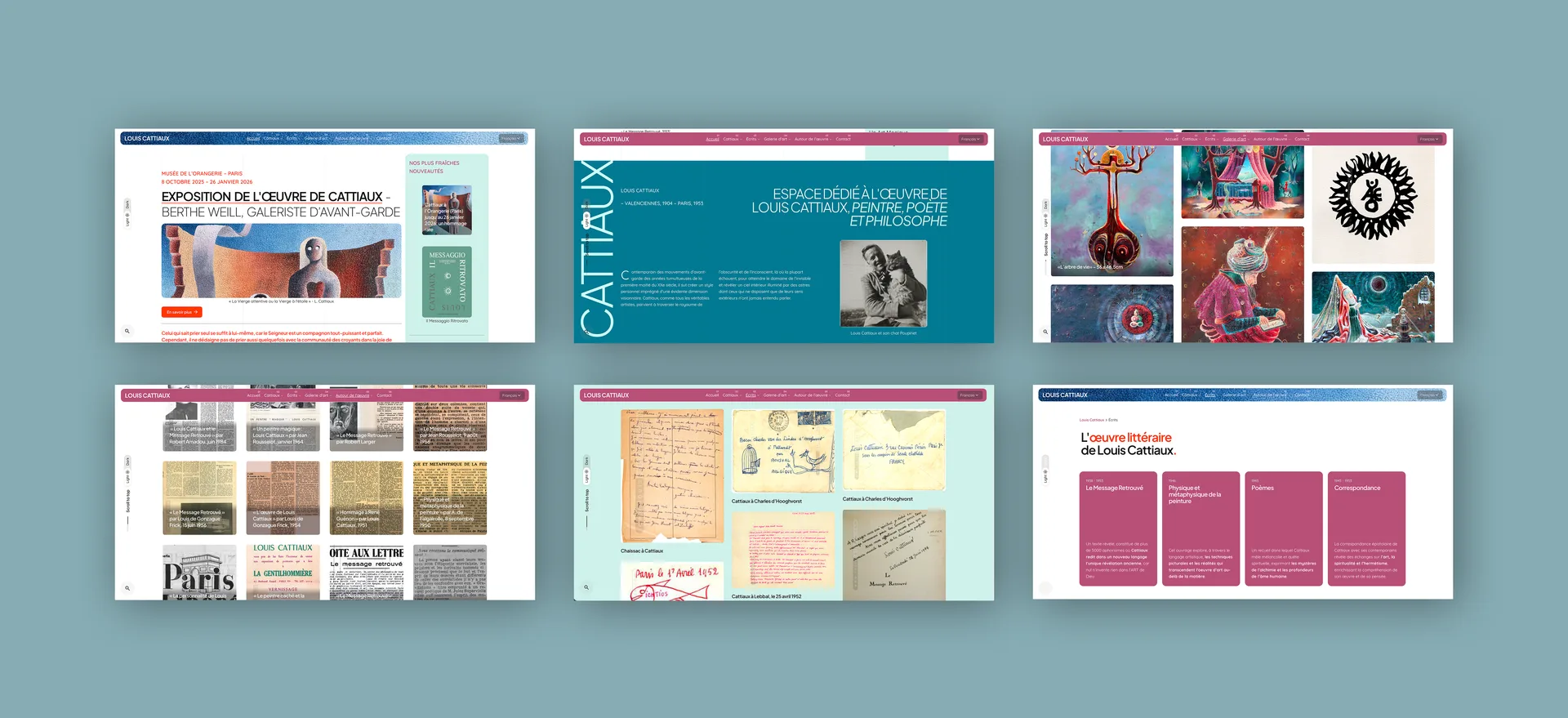 Aperçu du site Louis Cattiaux : pages d'accueil, écrits, galerie et événements